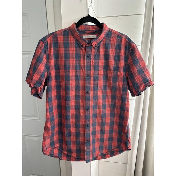 Outerknown Other - Outerknown Shirt Mens Large Red Blue Plaid Short Sleeve Button Up Organic Cotton